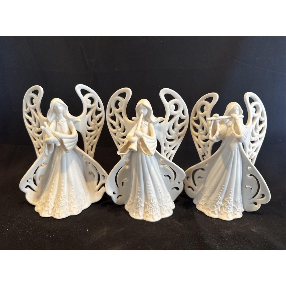 Macy's Holiday Set Of 3 Ornate Ceramic 7 1/2" Angels Playing Instruments